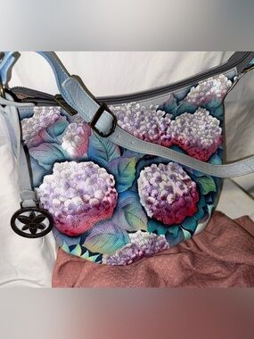 Anuschka Hand-Painted Leather “Hypnotic Hydrangeas” Leather Hobo Bag